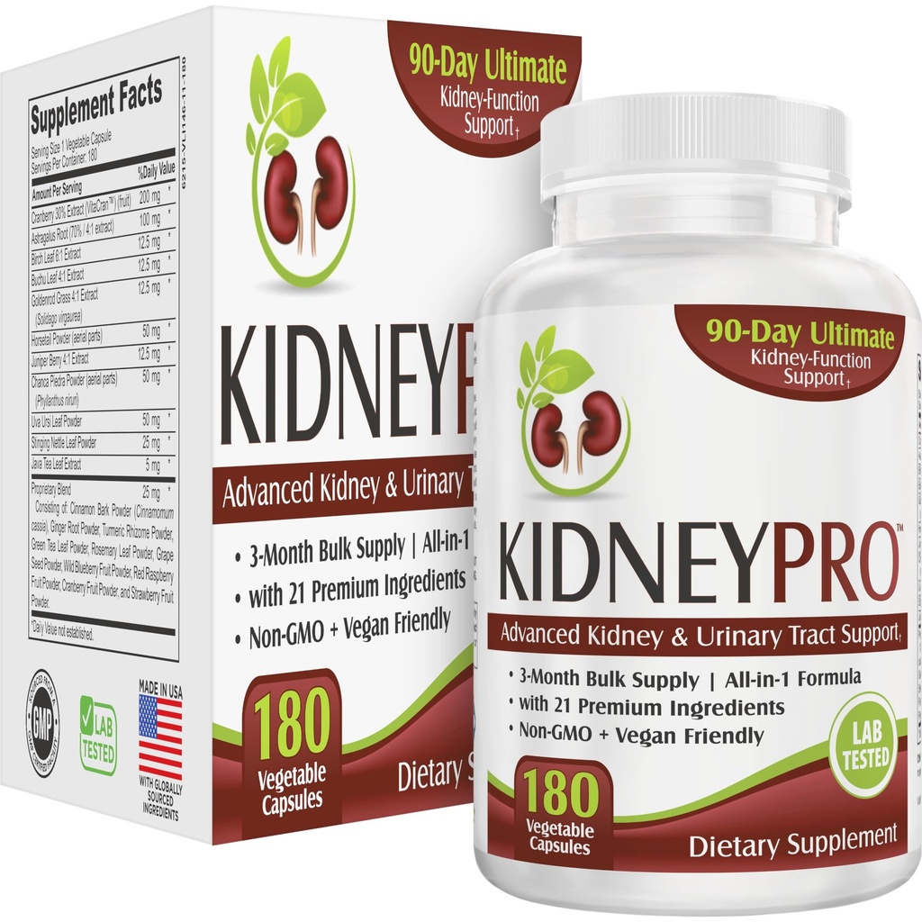 Kidney-PRO | 3Month Supply with 21 Kidney Health Supplements | All-in-1 Mix | Kidneys & Urinary Tract Support Supplement | 90-Day Bulk Supply | 180 Capsules