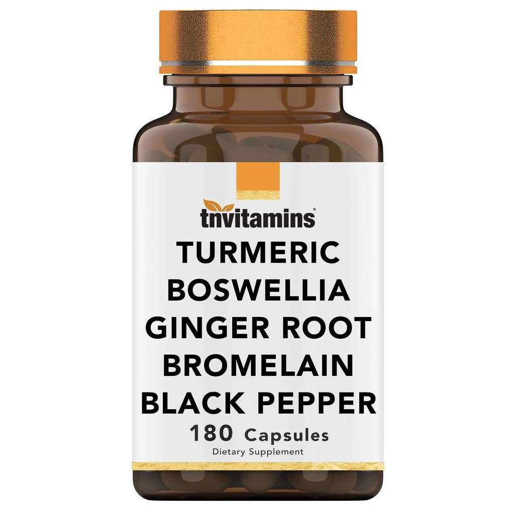 Tnvitamins Turmeric & Boswellia Kompleksi (180 Capsules) Ginger Root, Bromelain, & Black Pepper Extract | Ortak-Ease Formula: Güçlü Ortak Destek Tamam * | ABD'de Üretilen