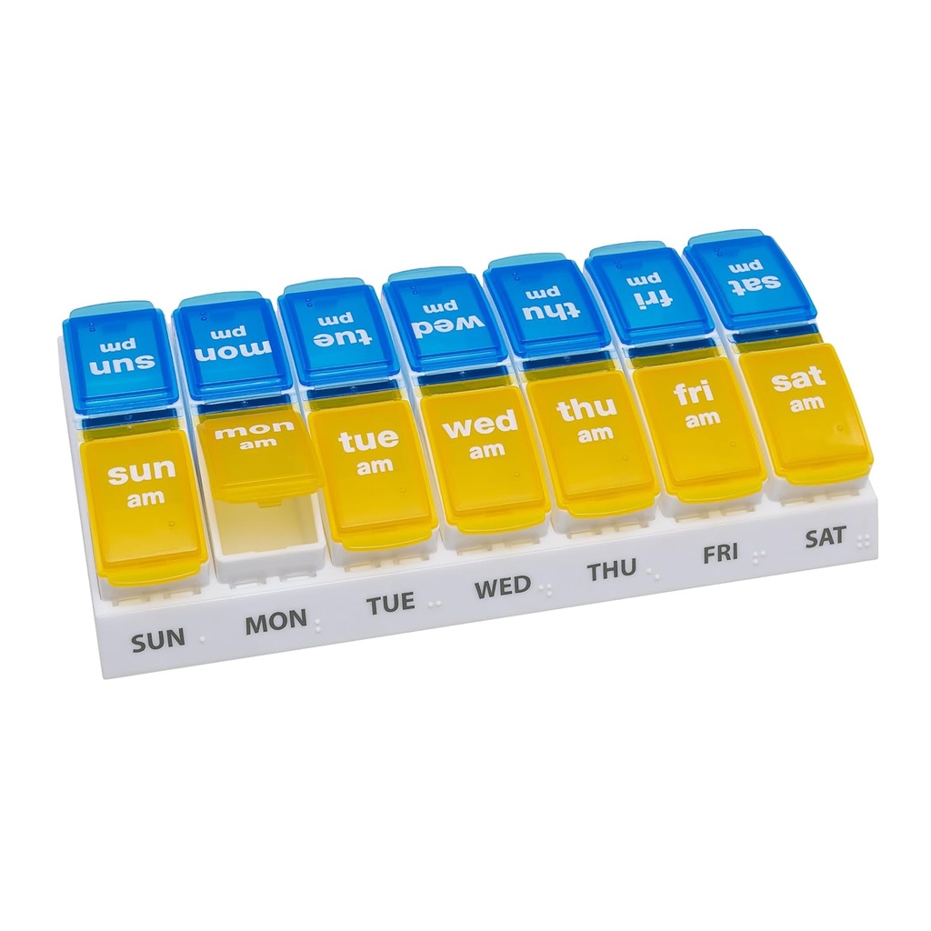 EZY DOSE Haftalık AM/PM Pill Organizer, 7 Günlük Vitamin ve İlaç Kutusu Büyük Pop-Out Karşılaştırmalı, 2 Times a Day Pill Holder for Easy Dosing, Sarı ve Blue Lids, Travel-Friendly Design