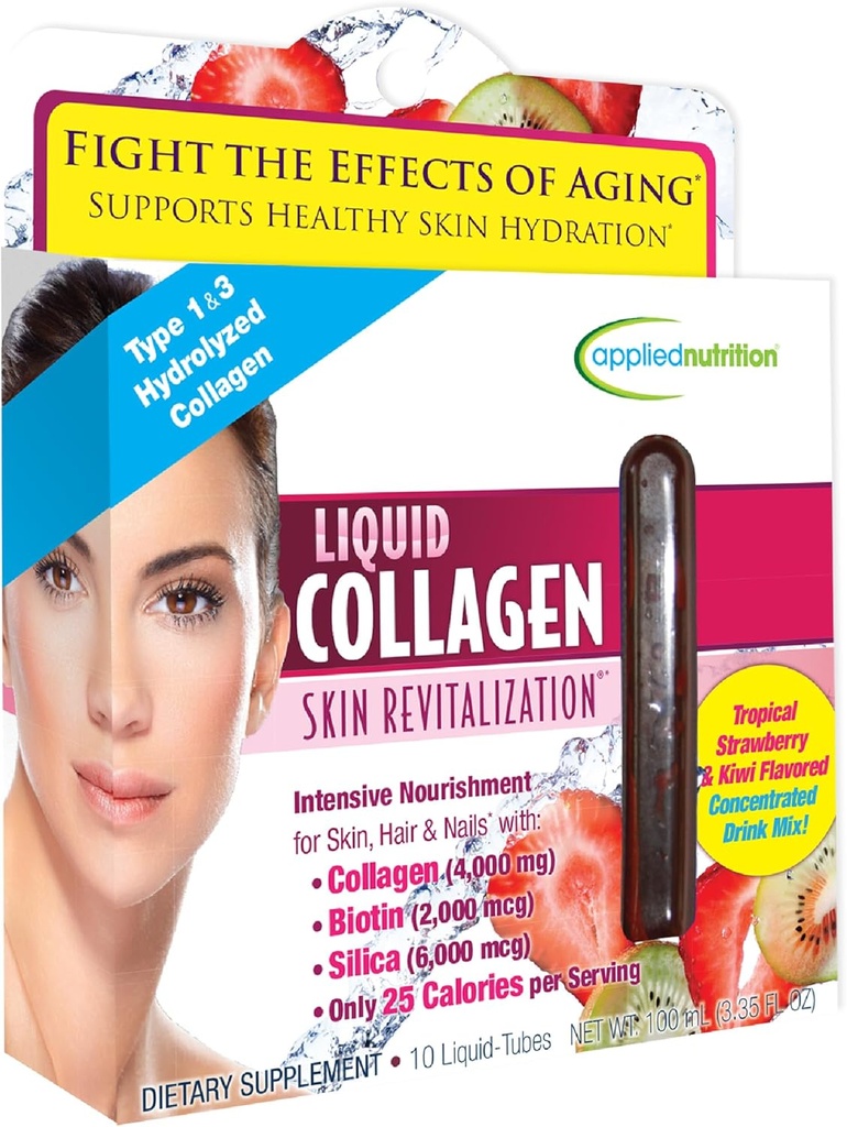 Uygulamalı Beslenme Sıvı Kolajn Skin Revitalizasyon - 10 Sıvı Tubes - Collagen, Biotin & Silica - Tropikal Strawberry & Kiwi Flavor - 10 Hizmet