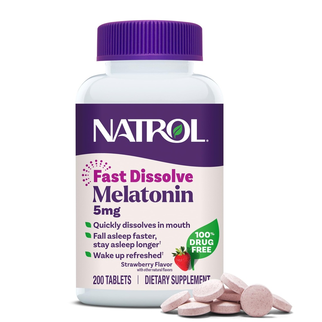 Natrol Melatonin 5 mg Hızlı Dissolve Tabletleri, Yetişkinler için Sleep Support Supplements, Strawberry Flavor, 200 Tablet, 200 Day Supply