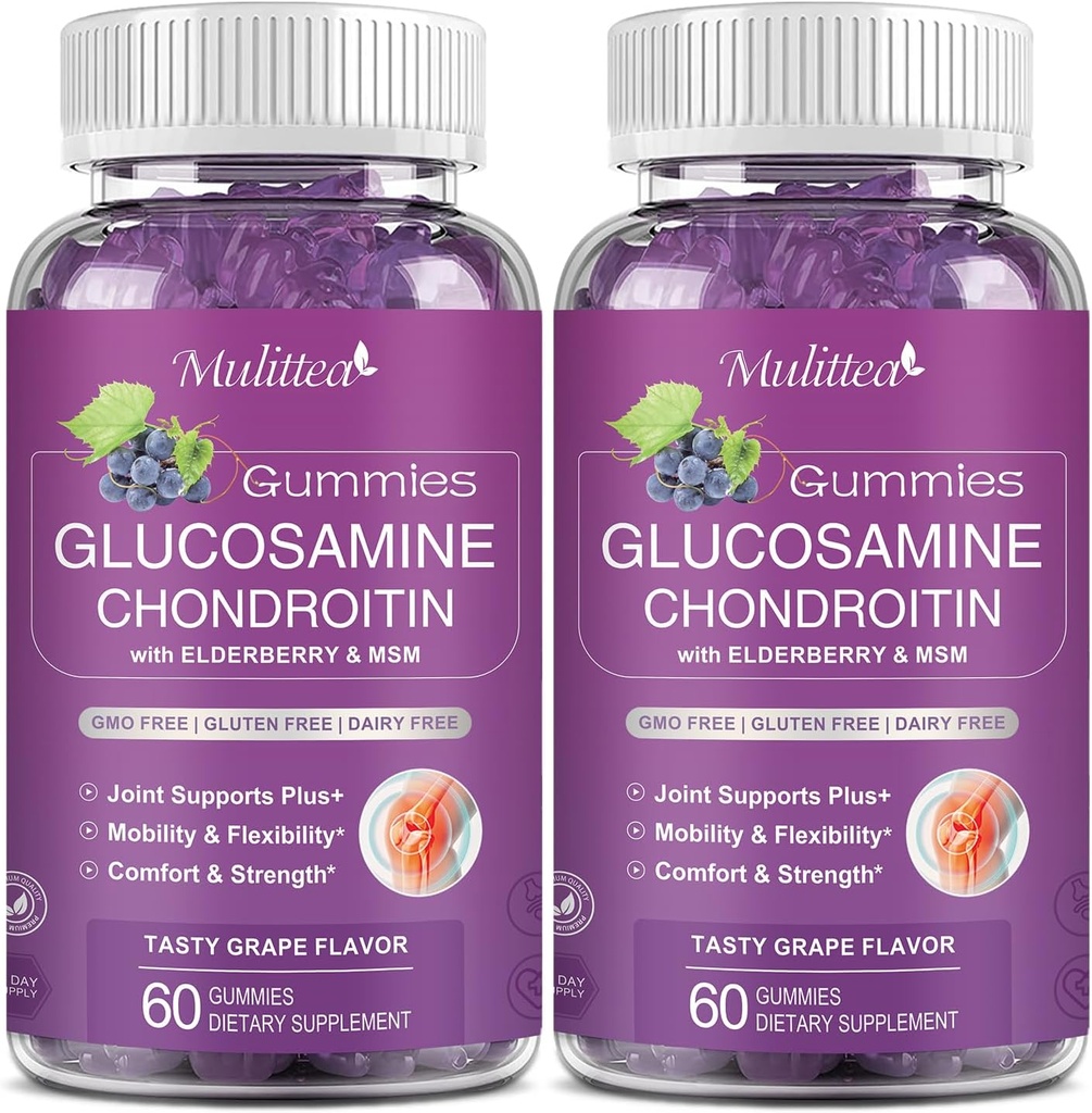 Mulittea Glucosamine Chondroitin Gummies - Ekstra Kuvvetli Ortak Destek Supplement with MSM & Elderberry for Natural Joint, Antioksit Immune Support for Yetişkinler, Men & Women-Sugar-Free (2 Pack)