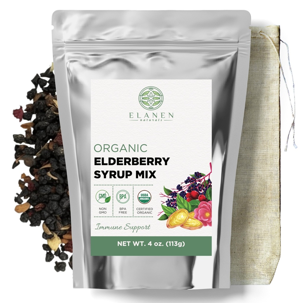 Elanen Naturals Organik Yaşlı Syrup Kit, 24 oz'a kadar yapın, Doğal Pamuk Brew Bag, USDA sertifikalı Organik Yaşlılar ve Immune Support Herbs, Bulk Kit, 4 oz. (113g)