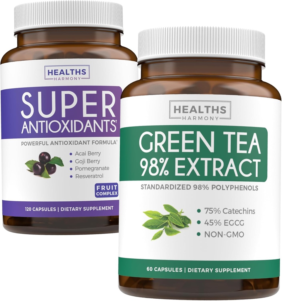 Antioksis & Green Tea Extract (1-Month Supply) Antioksi Green Fusion - Super Antioksis - Güçlü Super Food Daily Mix (120 Caps) & Green Tea Extract with EGCG Polyol Catechins (60 Caps)