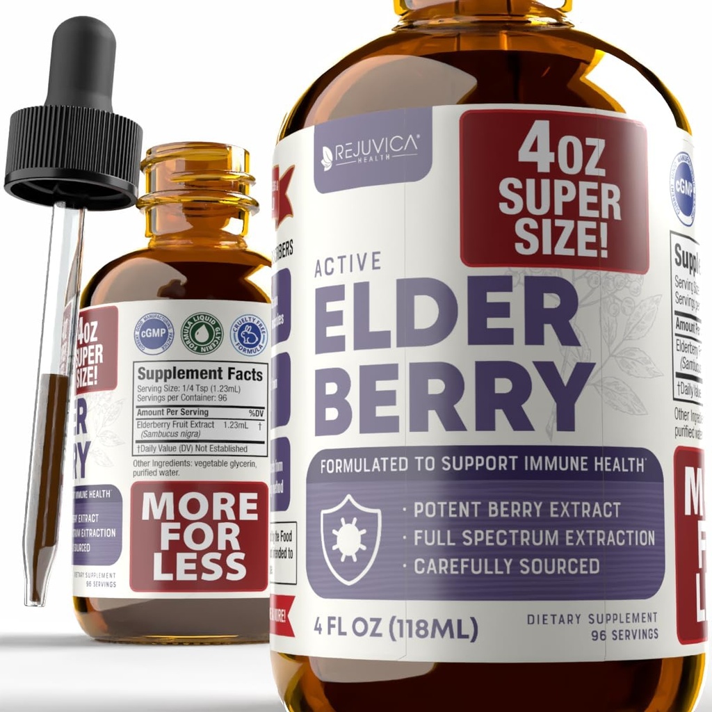 Rejuvica Health Active Elder 4oz XL Süper Boyut - Gelişmiş Yaşlı Sıvı Tür - Immune Support Drops - Vegan Sugar Free Non GMO Tincture