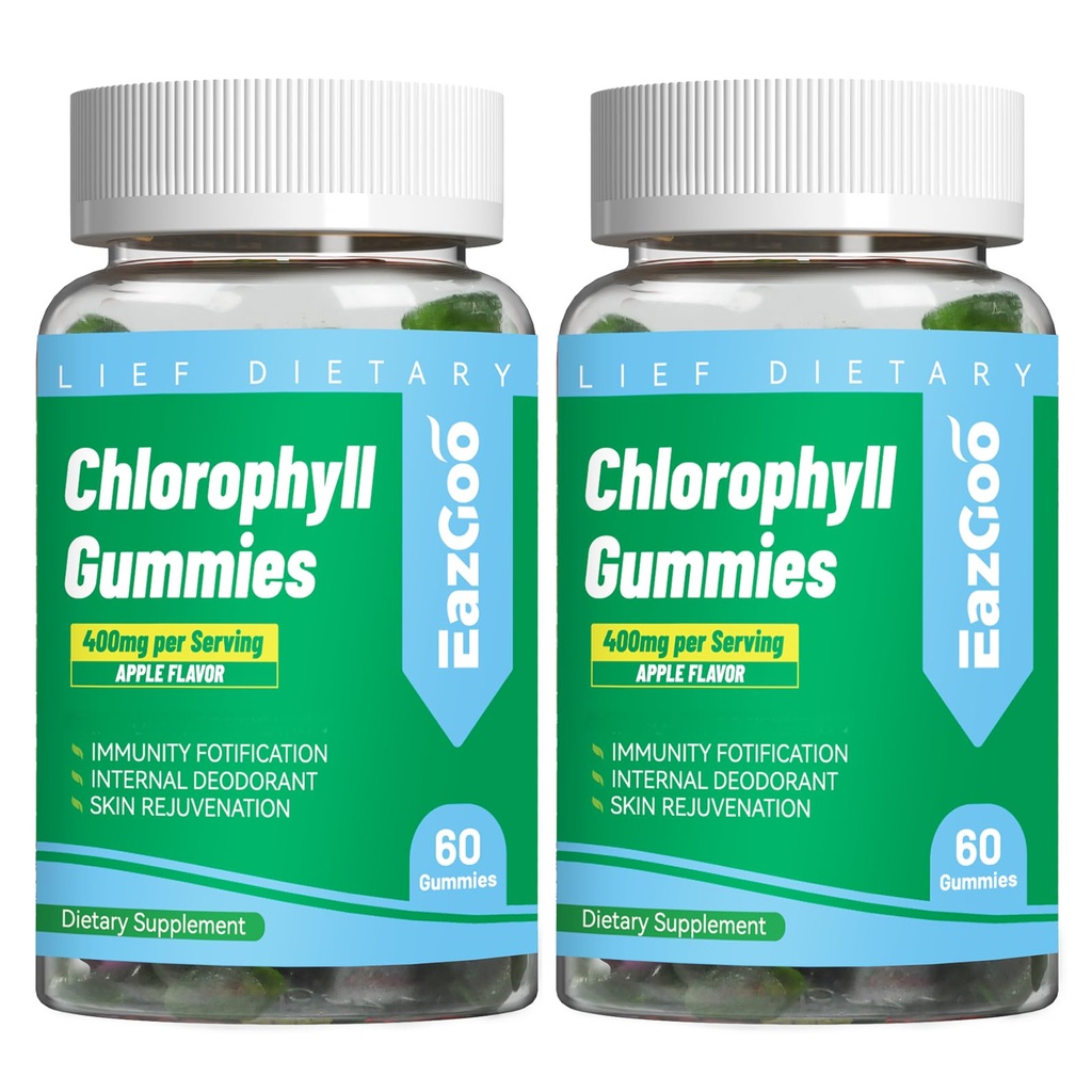 2 Pack Chlorophyll Gummies for Body Odor Deodorant*, Sugar Free Chewable Chlorophyll for Immune Support Women Vegan Non-GMO, 120 Count Count Count