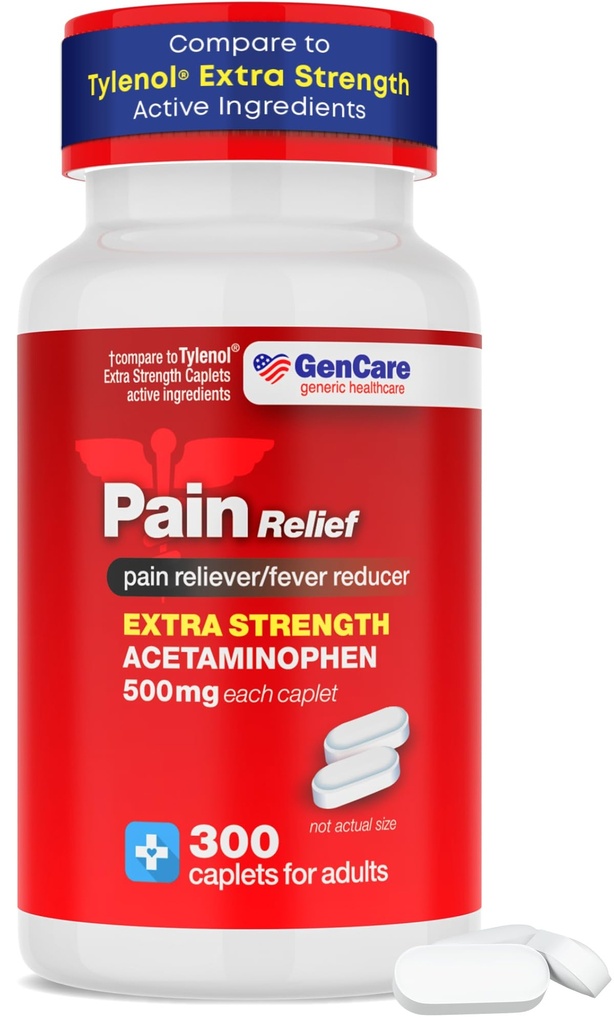 GenCare - Acetaminophen 500 mg Ekstra Güçlü Ağrı Yardımı (300 Caplets) - Multi Symptom Pain Reliever for Headache, Sinus, Arthritis, Back Pain Muscle Ache, Toothache Ateş, Özellikler, Migraine