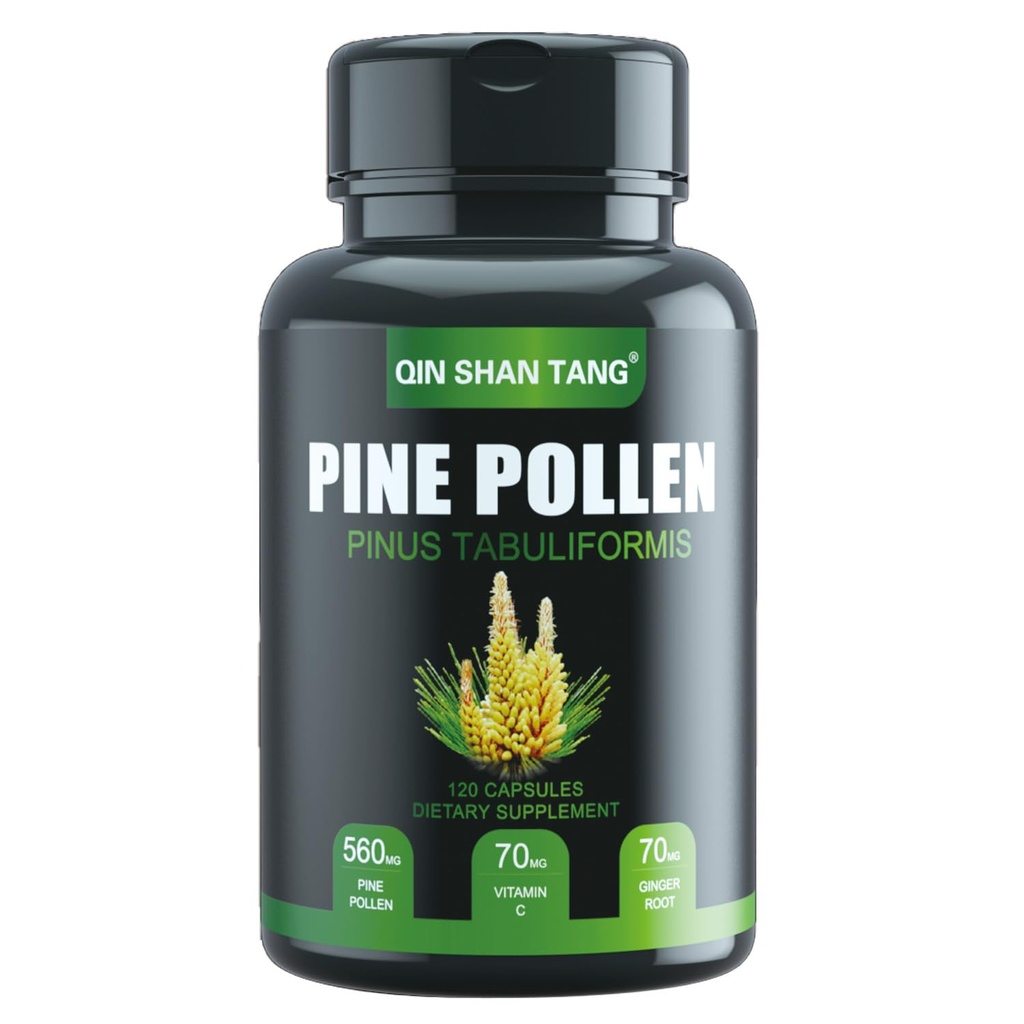 Pine Pollen Supplement wtih Ginger Root ve Vitamin C,% 99 Cracked Hücre Duvar,120 Veggie Capsules,Focus & Immune Kadınlar ve Erkekler için İyileştirme