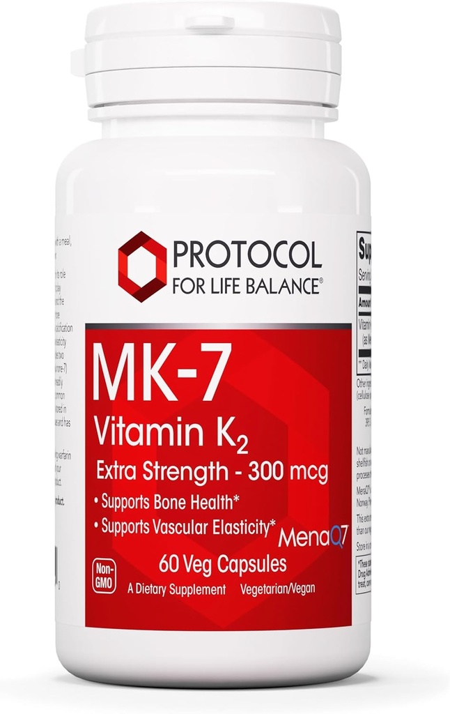 PROTOCOL FOR LIFE BALANCE MK-7 Vitamin K2 300mcg - Ekstra Kuvvet - VIT K Supplement - MK-7 Vitamin K2 Yaşam Dengesi - Kemik Sağlığı ve Vascular Elastikliği Destek - Non-GMO & Vegan - 60 Veg Capsules