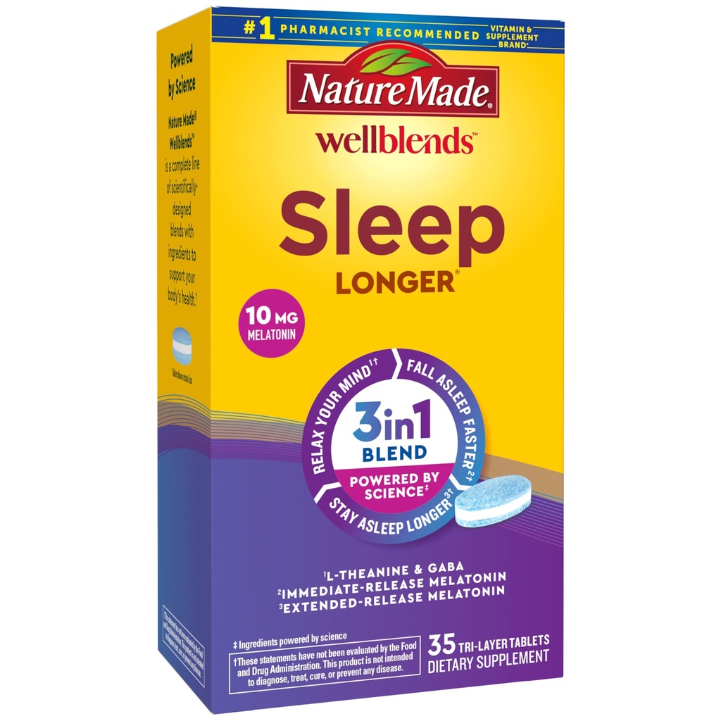 Doğa Made Wellblends Sleep Longer, Melatonin 10 mg, L theanine 100 mg ve GABA 100 mg, Sleep Supplement, 35 Tri-Layer Tabletleri