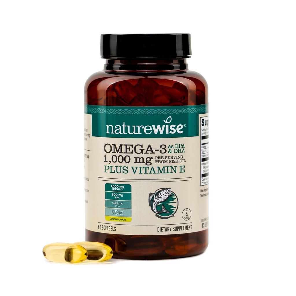 NatureWise Extra-Strength Omega 3 Fish Oil Supplement - hizmet başına 1000 mg - 600 EPA & 400 DHA ve Vitamin E - Heart & Brain Health - Lemon Flavor, GMO-Free - 60 Softgels[1-Month Supply]