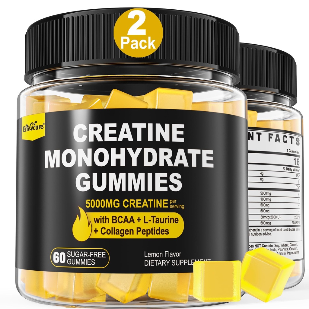 Erkekler ve Kadınlar için Kreatif Monohidratlar - BCAA, Collagen,, L-Taurine, Vitamin B12, D3, Chewables Tinatine Monohidrat 5g Per Service, Natural Lemon Flavor, Sugar Free, 2 Pack