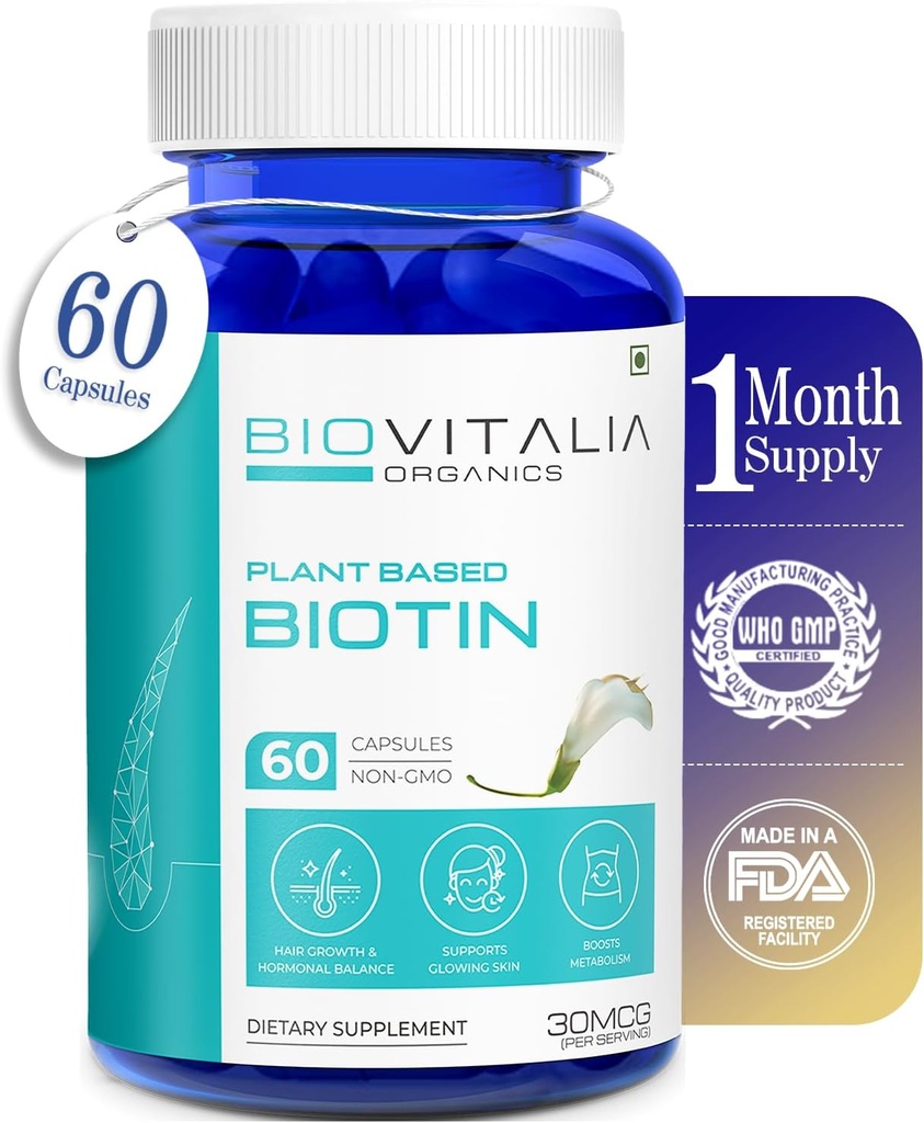 Plantive Pure Biotin Supplement Capsules- Support Güçlüer Nails & Saç Büyüme Sesbania Grandiflora Sunflower Tohumları Amla Beetroot & Spinach - 60 Veg Capsules