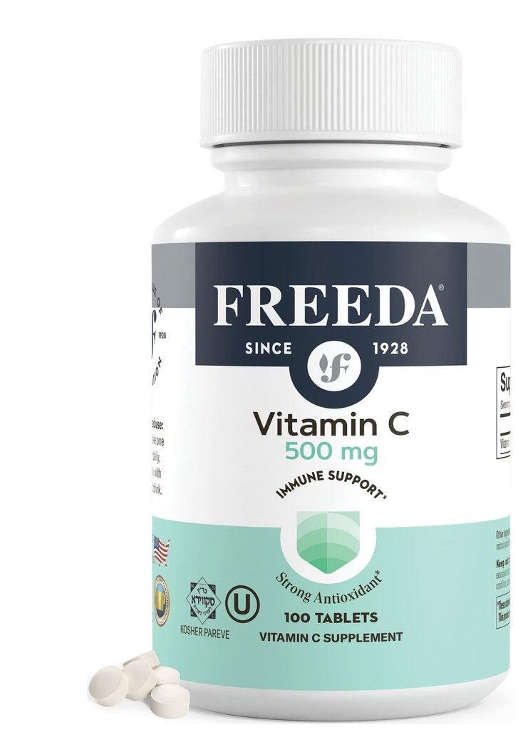 FREEDA Vitamin C - Vegan Vitamin C 500mg - Kosher - Powerful Antioxidant Immune Support - Easy to Swallow Vitamins C Tablets as Ascorbic Acid - Pure Vitamin C 500 mg - VIT C Supplement (100 Count)