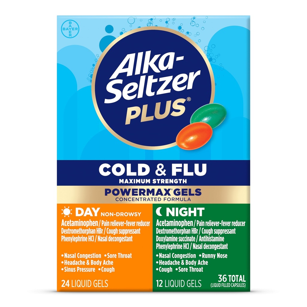 Alka-Seltzer Plus Power Max Cold & Flu Day+Night Medicine: Cough Suppressant, Cold and Flu Medicine For Yetişkinler and Children 12 Years and Older, 36 Count May Vary