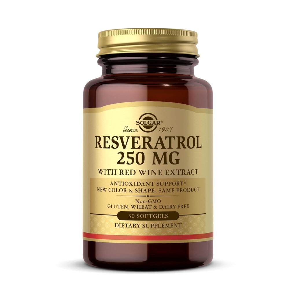 Solgar Resveratrol 250 mg with Red Wine Extract - 30 Softgels - Antioxy Support - Non-GMO, Gluten Free, Dairy Free - 30 Servisler