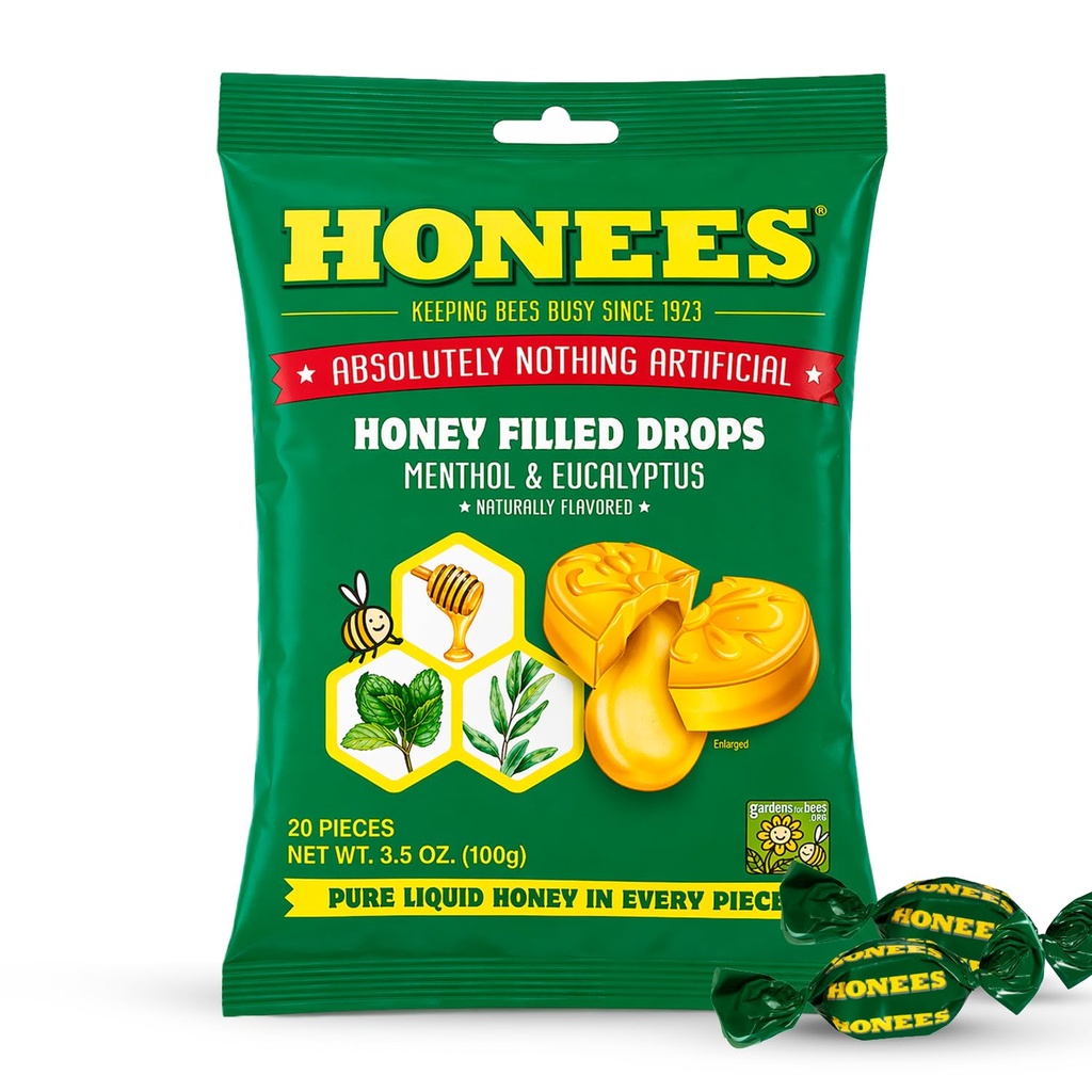 Honees Honey Menthol Cough Drops - 20Piece, Single Pack Honey-Filled Lozenges | Soothes Sore Throat | All Natural Natural