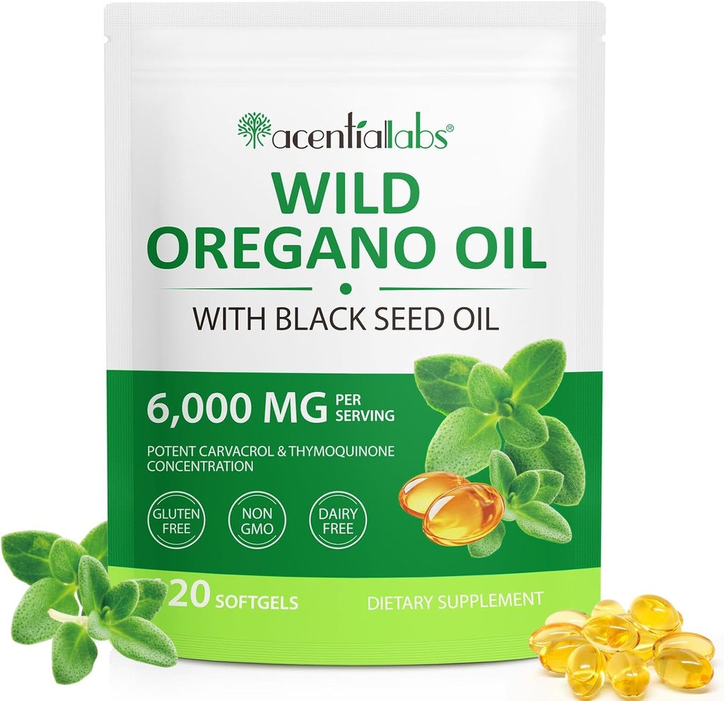 Oil of Oregano with Black Seed Oil,Oil of Oregano Softgels 6000mg Per Serving,2 in 1 Formulated with Black Seed Oil 200mg,Organic Oregano Oil,Gluten Free,Dairy Free,120 Count(1 Pack)