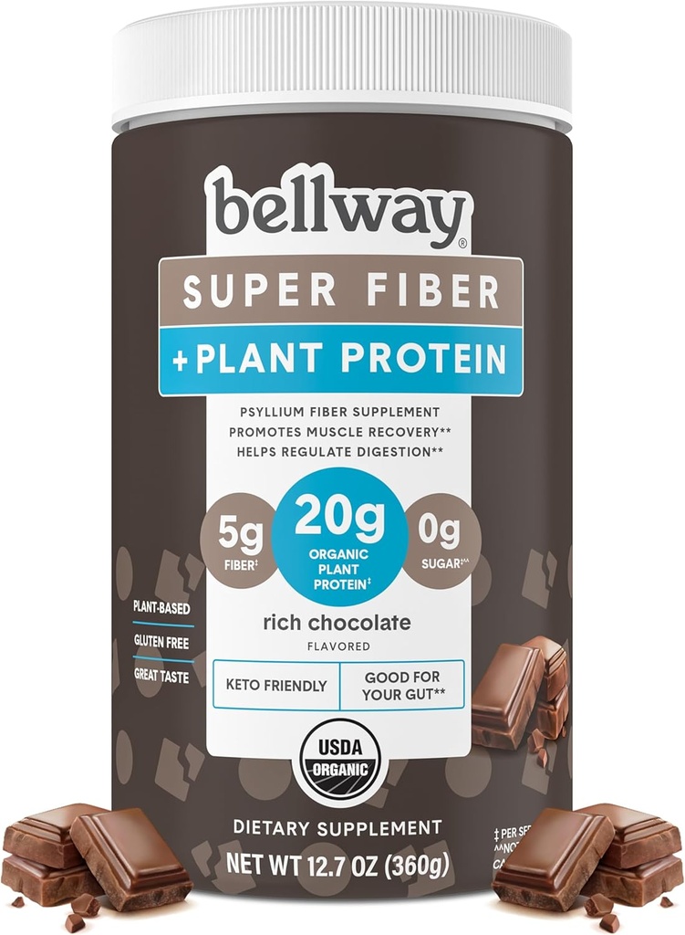Bellway Super Fiber + Protein Toz, Sugar-Free Organic Psyllium Husk Fiber Supplement Toz 20g Plant proteini, Rich Chocolate, 12.7 ozz