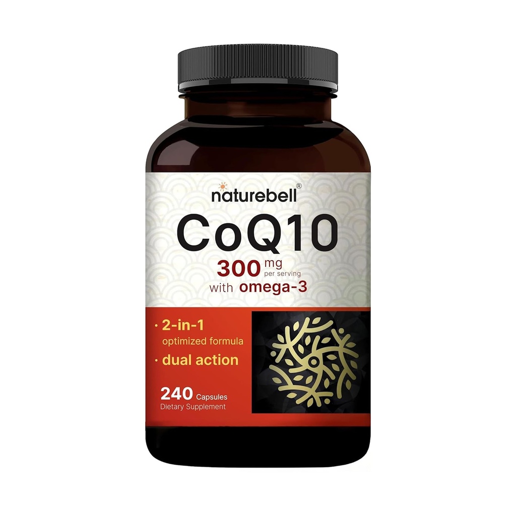 NatureBell CoQ10 300 mg with Omega 3, 240 Capsules - 120 Gün Supply | Stable High Abase Form - Antioksi Support for Heart & Energy Health - Ekstra Strength Coenzyme Q10 Supplement
