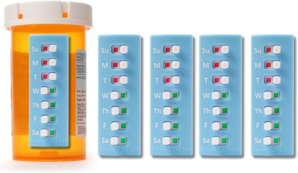 TakennSlide Peel and Stick Reusable for 12 + Reusable, Pill/Medication /Vitamin /Pet Med Tracker & Hatırlatıcı, Şişenize Ait, Organizer-Free, Curved-Back (Mavi, 5-Pack)