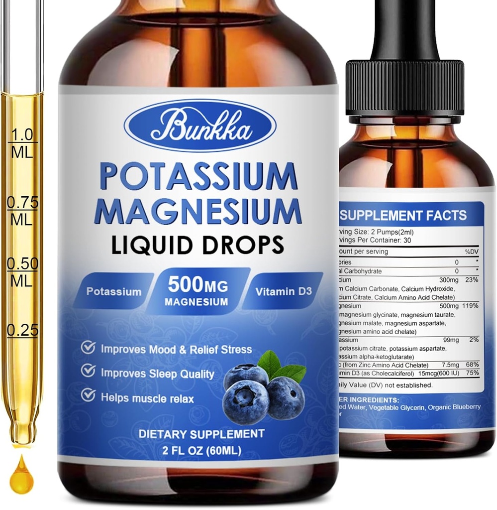 Potasyum Magnezyum Tamamı - Yüksek Absiyon Kompleksi 500 mg & Pyum 99 mg Plus Kalsiyum, D3, çinko, Sugar Free Drops Supplement for Leg Cramps, Energy, Metabolism (Mavi)