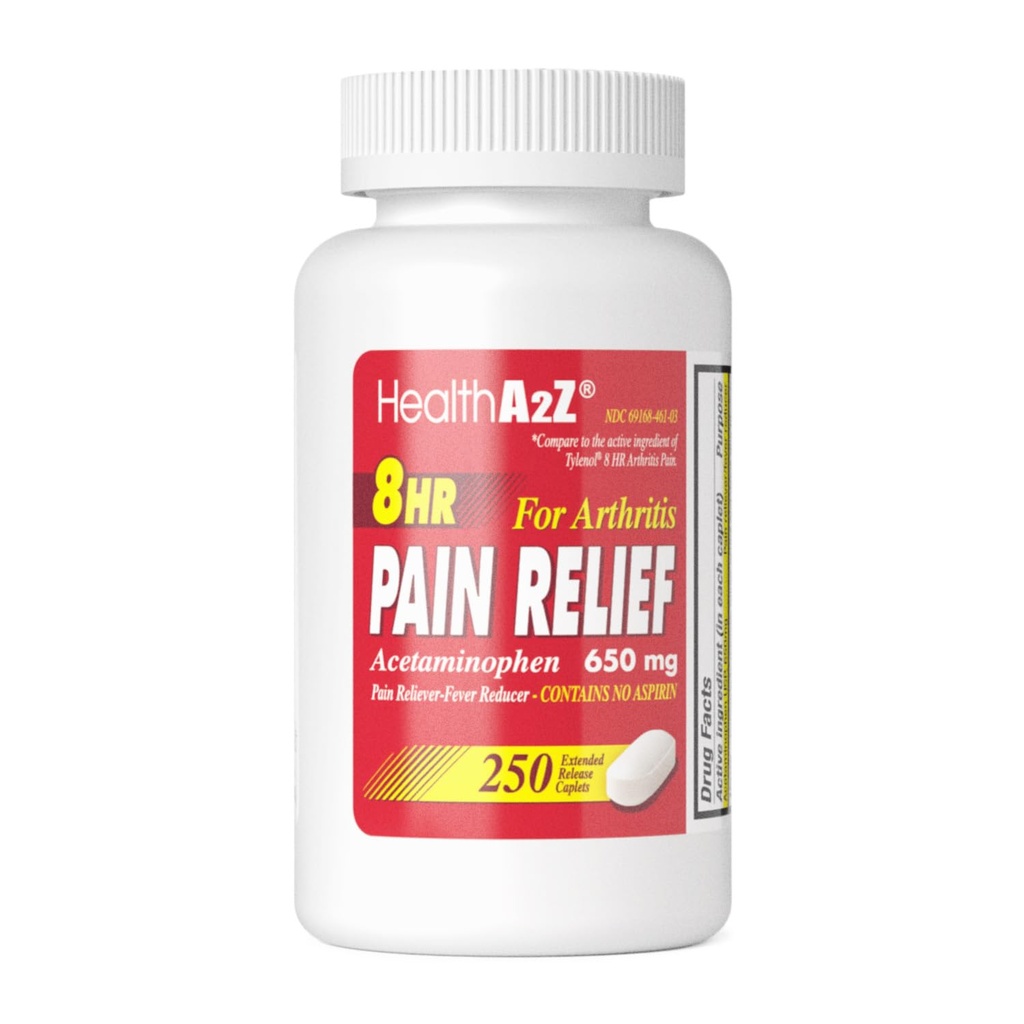 HealthA2Z® Pain Relief Extended release | Acetaminophen 650 mg | 8 Saat | Arthiritis Pain | Pain Reliever - Ateş Tanımı | Contains no aspirin | (250 Caplets)