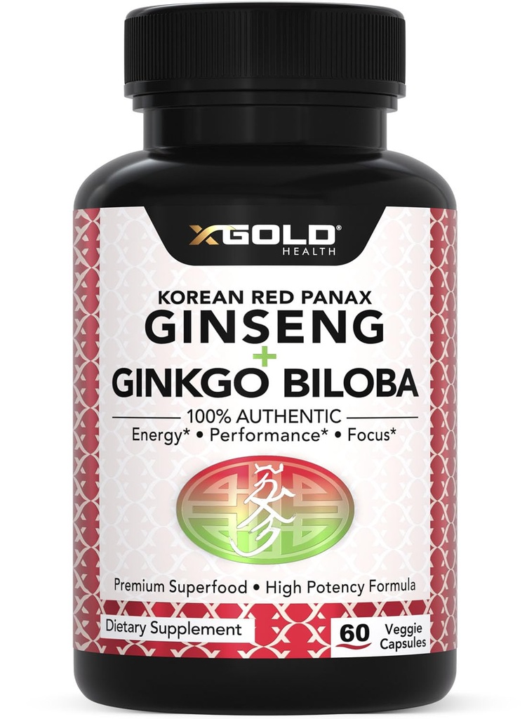 Kore Red Panax Clooney 1200 mg + Ginkgo Biloba - Ekstra Güçlü Kök Ekstra Toz Supplement w/High Ginsenosides Vegan Capsules for Energy, Performance & Focus - Supplement for Men & Women