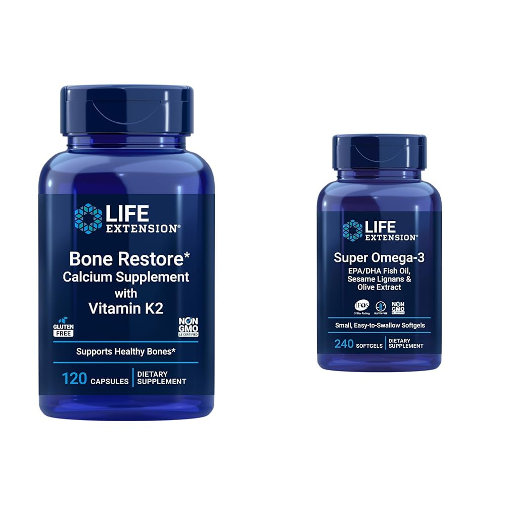 Life Extension Bone Restore + Vitamin K2 Vitaminler ve Mineraller Bone Health & Strength & Super Omega-3 EPA / DHA Fish Oil, Sesame Lignans & Olive Extract