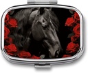 Black Horse on A Background of Red Roses Pill Box 2 Compartment Portable Pill Case Daily Square Pill Organizer for Pocket Purse Daily Medicine Container to Hold Vitamins Fish Oil Travel Gifts