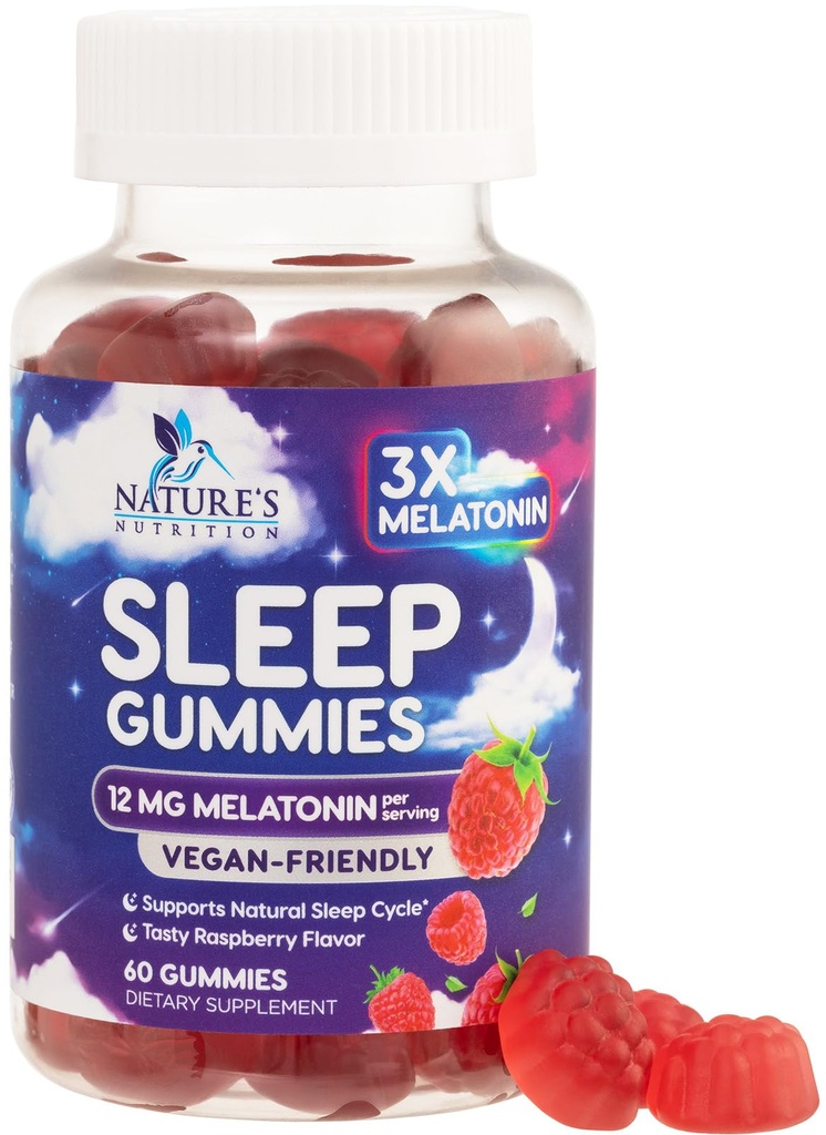 Melatonin Sleep Gummies - Melatonin 12mg Per Serving - Extra Strength Sleep Support Melatonin Gummy - Vegan Sleeping Gummy Supplement - Restful Sleep Support for Adults - Berry Flavor - 60 Gummies