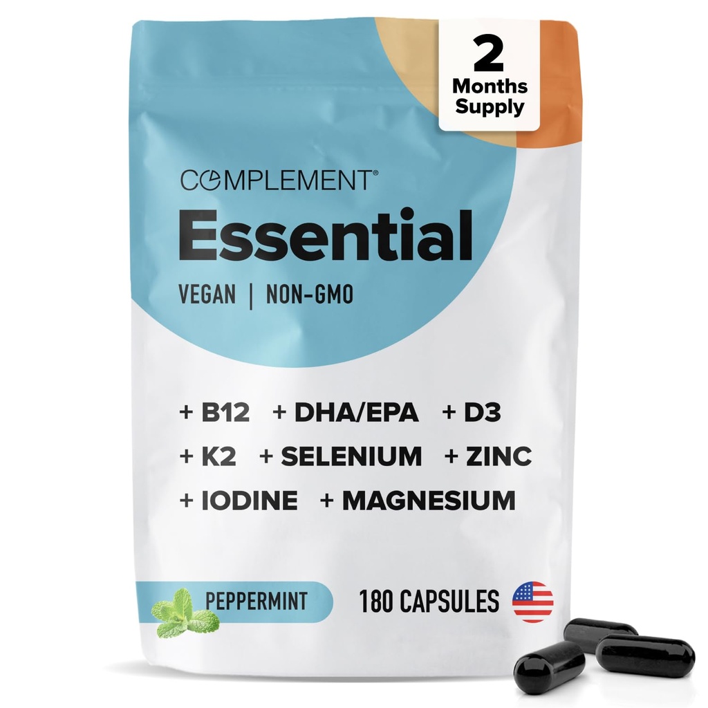 Erkekler ve Kadınlar için Temel Vegan Multivitamin (60 Hizmet, 180 Capsules) Omega-3 DHA & EPA, B12, Vitamin D3 & K2, çinko, Selenium, Magnezyum, Iodine - Supports Immunity & General Health