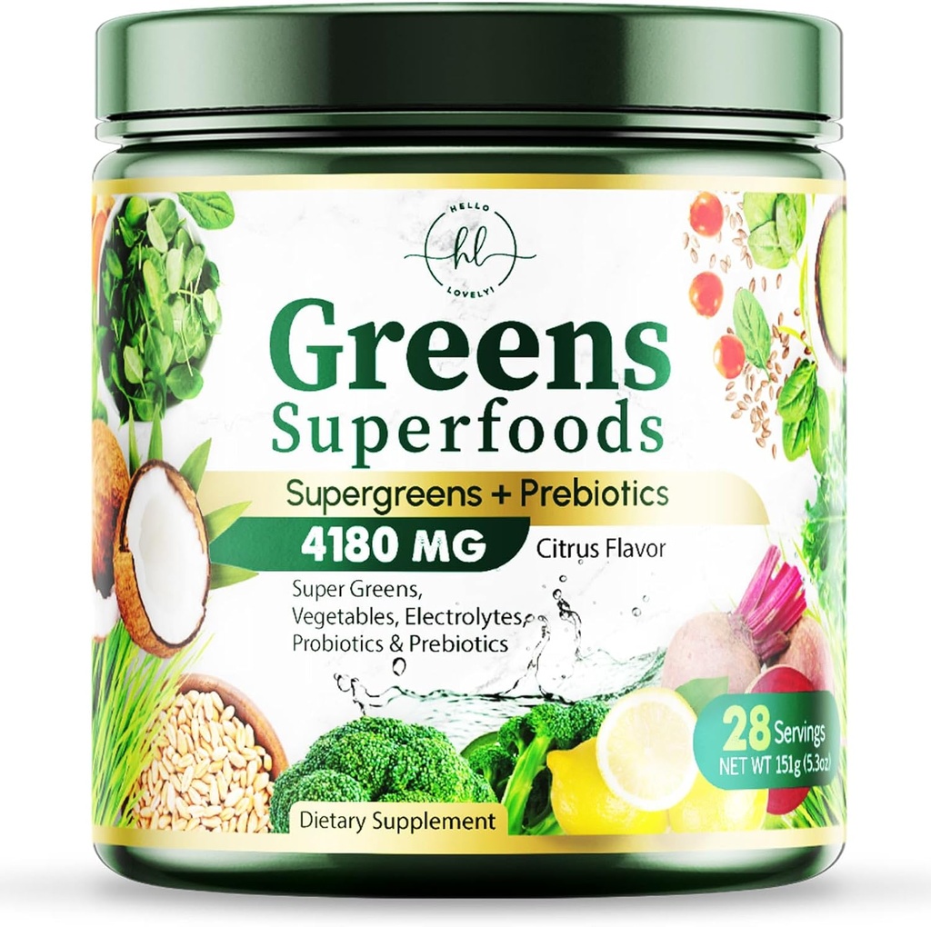 Greens Toz Superfood - Premium Organik Super Greens Juice Toz - Probiyotikler, Buğday Grass, Enzymes, Spirulina, Chlorella for Digestive & Gut Health, Smoothie Drink Mix - 28 Servisler