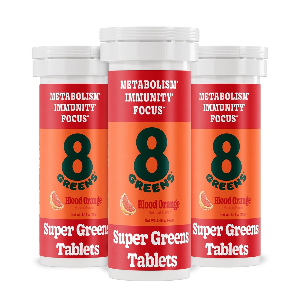 8Greens Supergreens Tabletler | Super Greens Toz Superfood Tablet, Metabolism Immunity & Focus, Daily Greens Effervescent Tabletler, Organik: Aloe Vera, Spirulina, Chlorella, Blood Orange, 30 Hizmetler