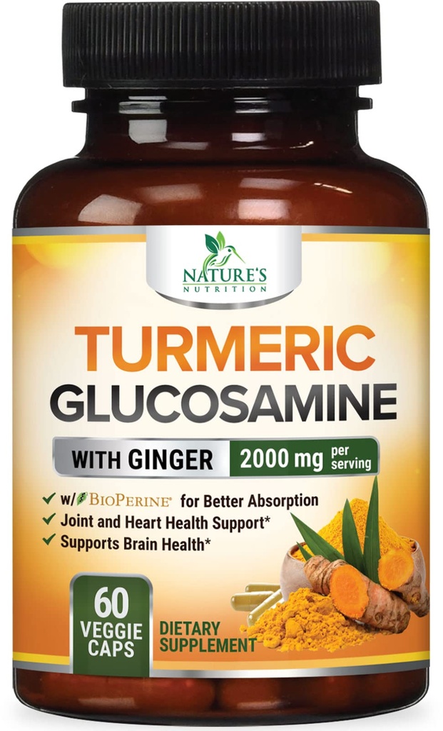 Turmeric Curcumin Supplement 2000 mg -% 95 Curcuminoids with Glucosamine, Ginger & MSM, BioPerine Black Pepper for Best Abors, Nature's Vegan Ortak Destek, Non-GMO, Şişed in USA - 60 Capsules