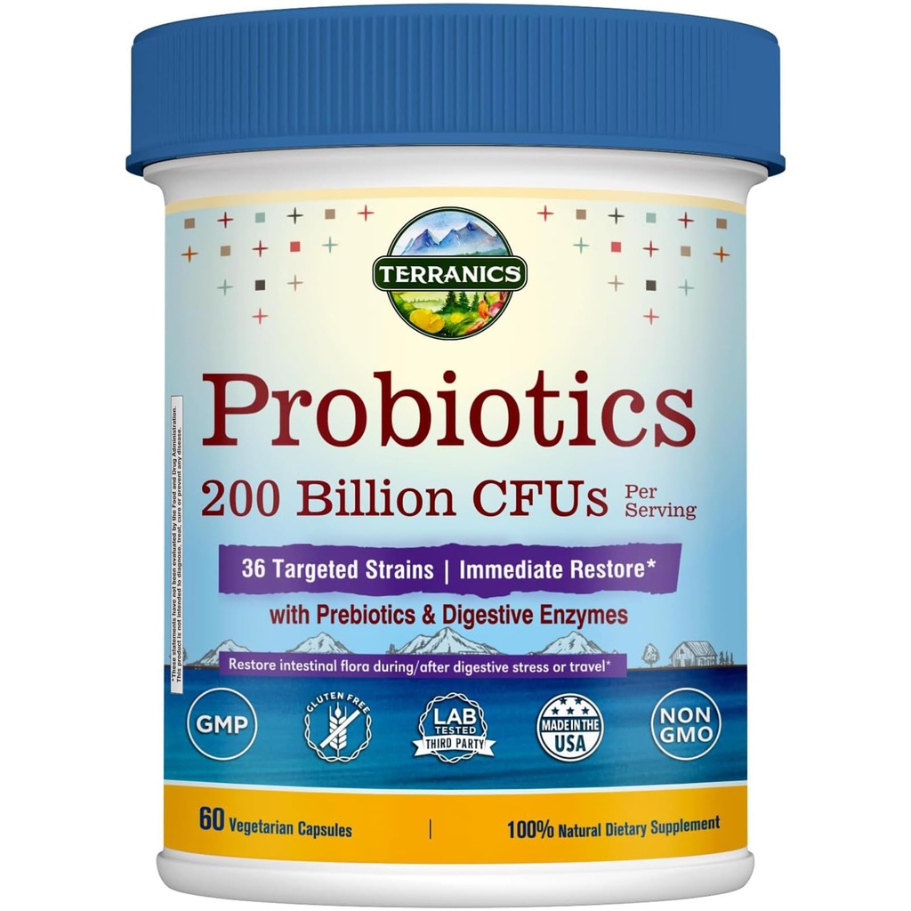 Erkekler ve kadınlar için Terranics Daily Probiyotikler, 200 Milyar 36 Strains Immediate Restore Probiyotikler, Prebiyotikler ve Enzymes, Sağlıklı Düzenlilik, Gecikme, Raf Stable, 60 Veggie Caps
