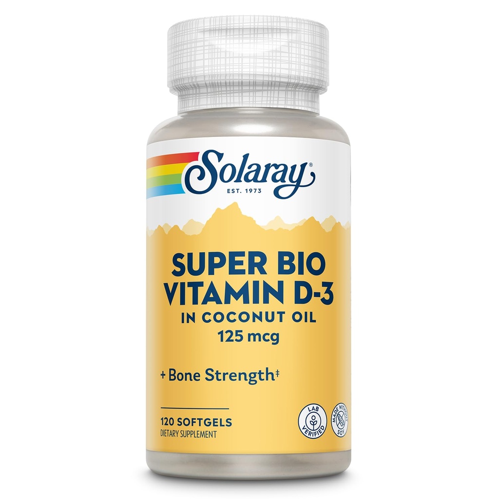 SOLARAY Super Bio Vitamin D3 in Coconut Oil - D3 Vitamin 5000 IU - Bone Health and Immune Support Supplement - Lab TY, Made Wtihout Soy, 60-Day Garanti - 120 Softgels, 120 Hizmet