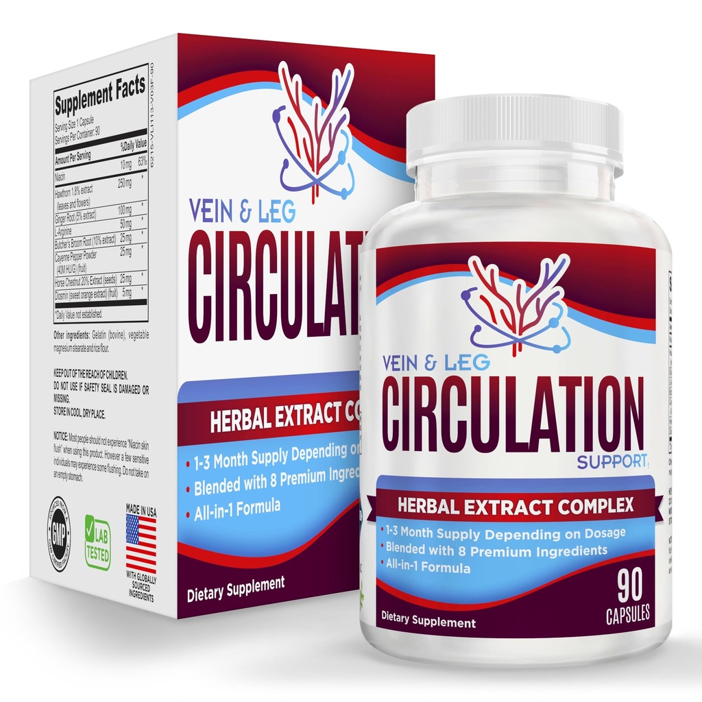 Vein & Leg Circulation Supplement (All-in-1) Sağlık Desteği 8 Aktif Malzemeler | Kan Circulation Formula | Leg & Vein Supplements | 1-Month Supply | 90 Capsules