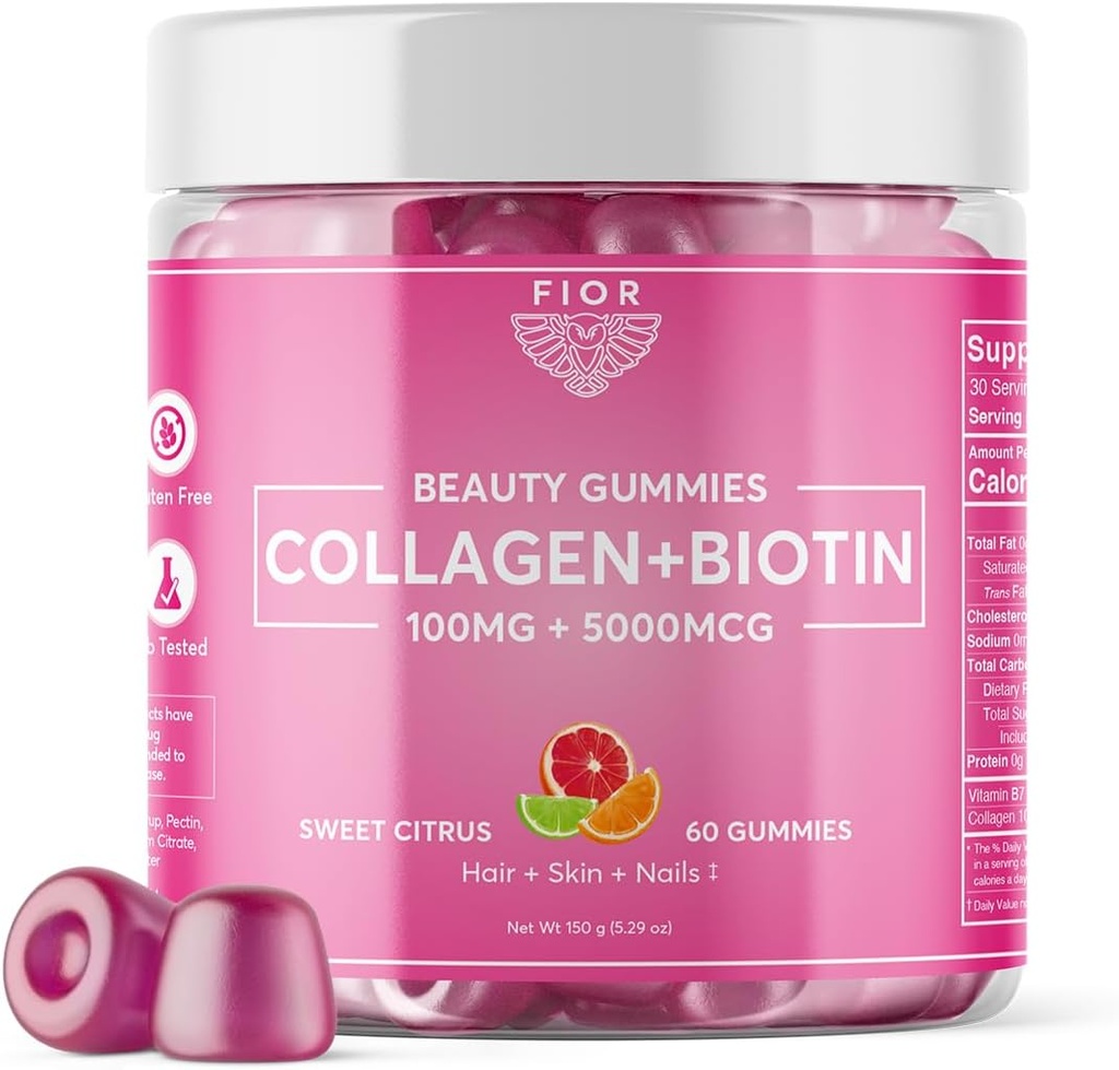 FIOR 60 ct Biotin ve Collagen Supplements. Saç Skin ve Nails için en iyi Collagen & Biotin Vitaminleri. Collagen Gummies & Biotin Gummies Saç Skin ve Nails Vitaminleri Güzellik Gummies.