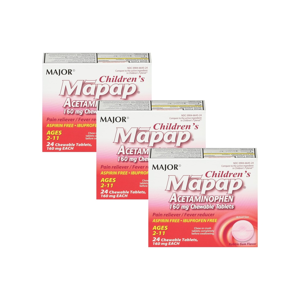 MAJOR Çocuk Haritası Acetaminophen 160 mg Chewable Tabletler - Pain Reliever/Fever Solution - aspirin Free - Ibuprofen Free - For Ages 2 to 11-24 Count (3 Pack)