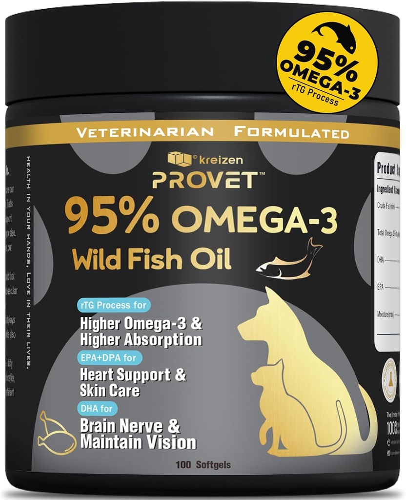 95% Omega 3 Fish Oil for Dogs & Cats, Vet-Formulated with RTG Processed Salmon Oil, Maximum EPA & DHA, Supports Heart, Skin, Coat, Joint，Heart & Immune Health, 100 Soft Gels