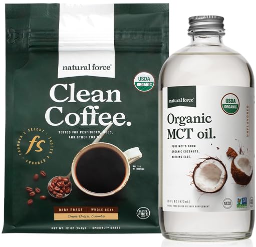 Doğal Kuvvet Organik Dark Roast Clean Coffee + Organik MCT Oil Sche – 100% Pure Coconut MCTs & Moldova Free Coffee – Non-GMO, Chem, Paleo ve Vegan - 12 Oz ve 16 Oz