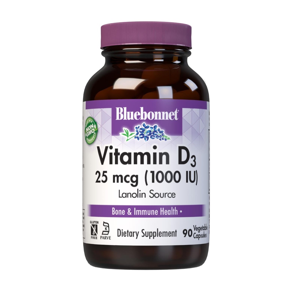 BlueBonnet Beslenme Vitamin D3 1000 İ, Kas ve Skeletal Büyüme Yardım, Lanolin'den Cholecalciferol, GMO, Gluten Free, Soy Free, Milk Free, Kosher, 90 Sebze Capsule, White