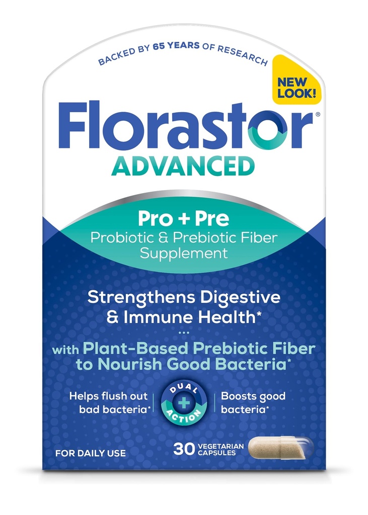 Florastor Advanced Pro+Pre Daily Probiyotik ve Prebiyotik Supplement for Women and Men, Boosts Good Bakteri, Saccharomyces Boulardii CNCM I-745 (30 Capsules)