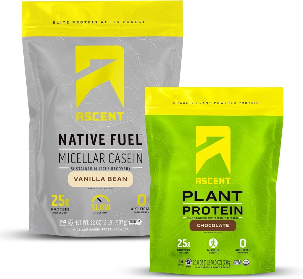 Ascent Casein Protein Powder Vanilla Bean 2 lb & Plant Protein Powder Chocolate 18 Servings