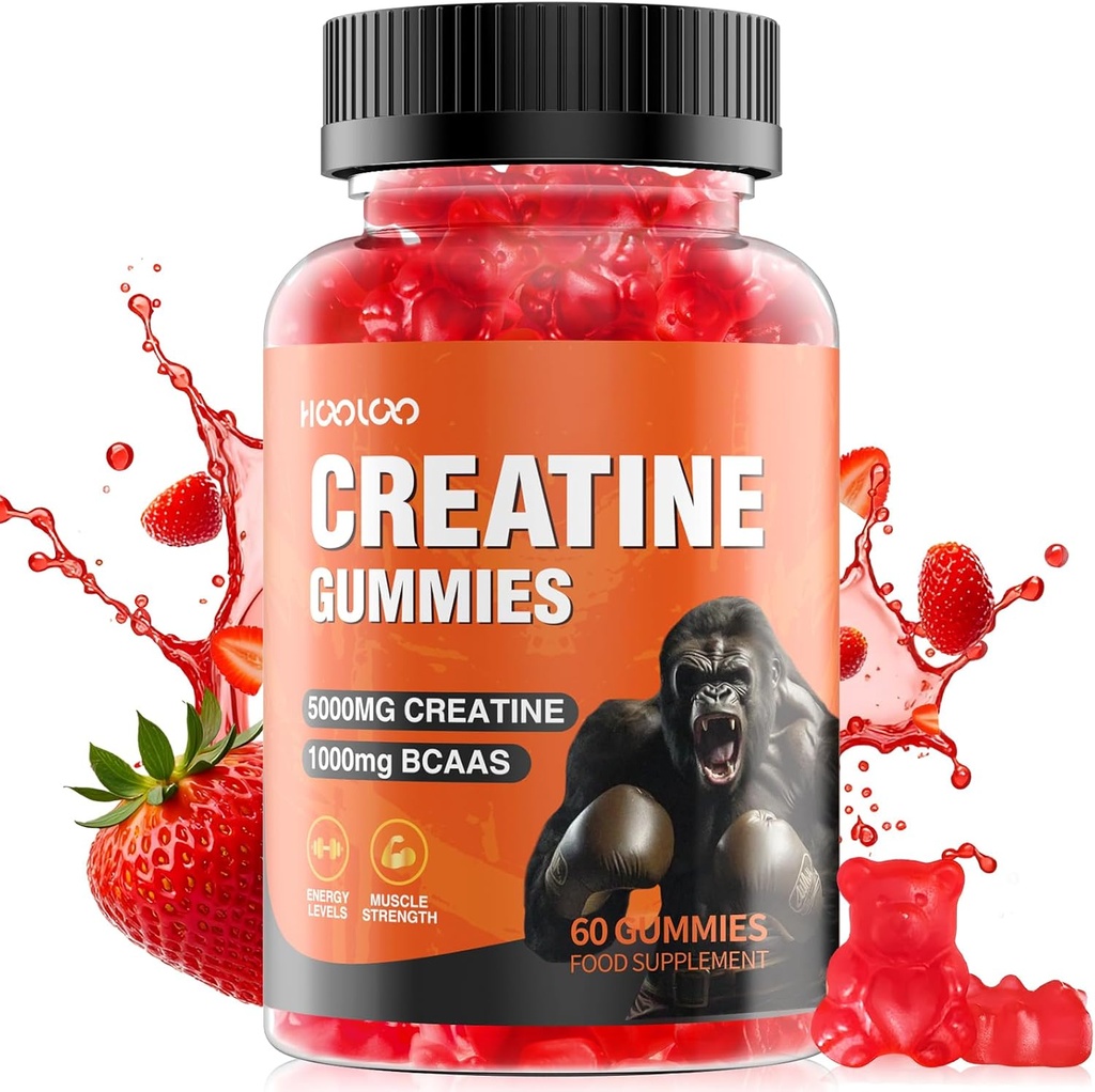 HOOLOO Kreatine Gummies 5000 mgt Kreatin Monohidrat, Hizmet başına 1000 mg BCAAs - Chewable Vegan Sugar Free Gummies, Strawberry Flavour (1 Ay Supply)