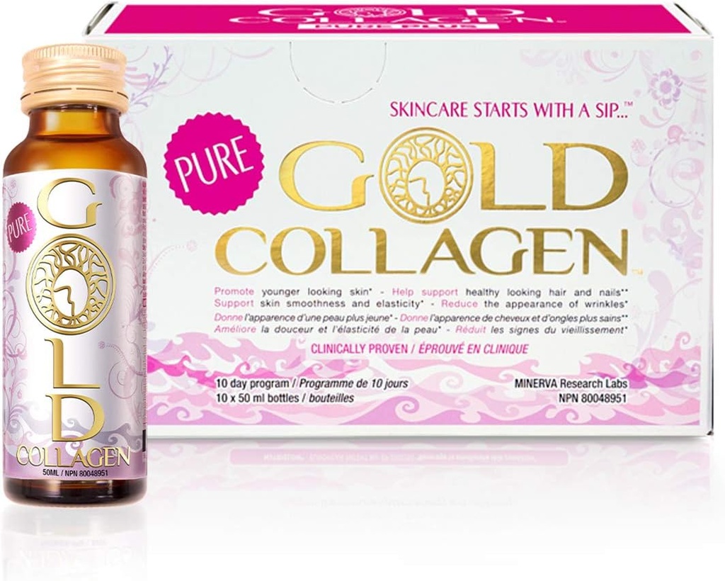 GOLD COLLAGEN Pure - Collagen Supplements for Women & Men with Biotin for Hair Growth, Skin and Nail - Anti Wrinkle Immune System Booster with Hyaluronic Acid, Vitamin C, B6 and Zinc, 1 Pack 10x50 ml