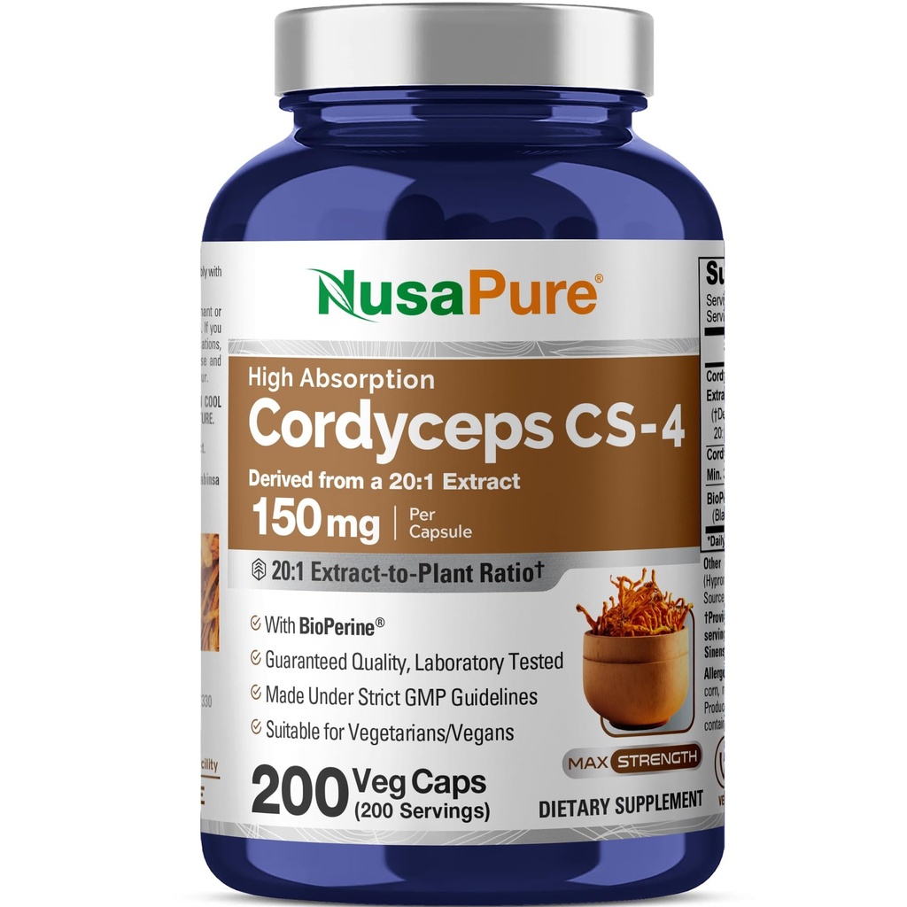 NusaPure Cordyceps 20:1 Ekstraksiyon, 150 mg 3000 mg 200 Veggie Capsules (Sinensis CS-4, Non-GMO, Vegan) Bioperine
