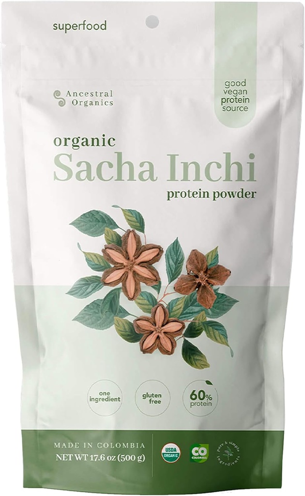 ANCESTRAL Organiks Vegan Protein Toz, Sacha Inchi sertifikalı Organik Superfood - 17g Plant bazlı Protein - Nutrient Rich - Gluten Free, Dairy Free, Sugar Free - 1.1lb