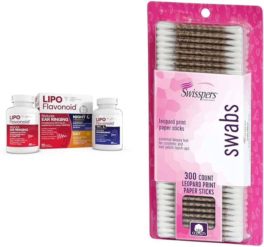 Lipo-Flavonoyak Günü & Night Tinnitus Relief Combo Kit with Vitamins, 90 Caplets & Swisspers Premium Cotton Swabs, 300 Kont